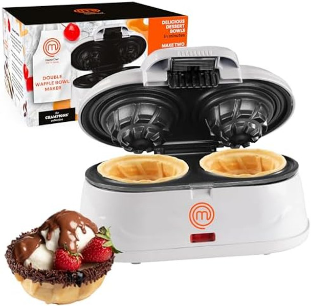 MasterChef Double Waffle Cone Bowl Maker- Makes Two 4" Bowls at Once Non-Stick Easy To Clean Even Heating- Perfect Homemade Ice Cream Sundaes Fruits & Custards-Fun Dessert for Summer BBQ Party