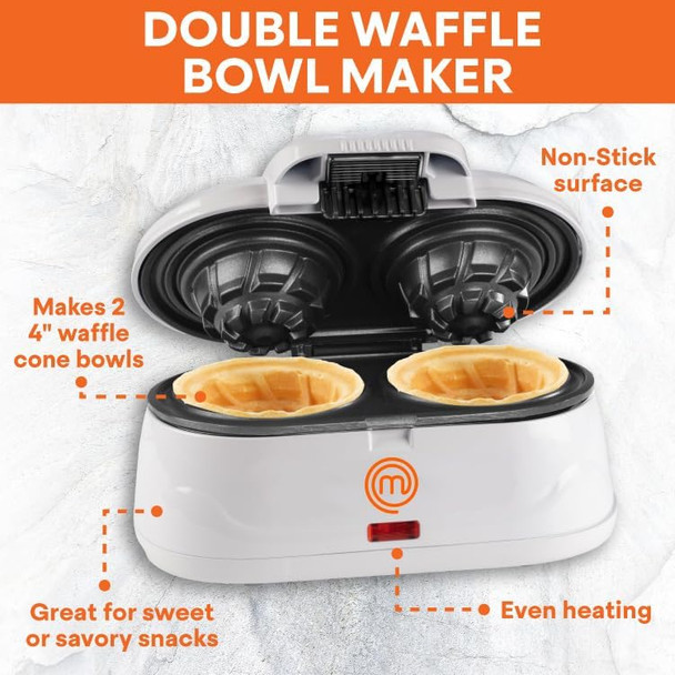 MasterChef Double Waffle Cone Bowl Maker- Makes Two 4" Bowls at Once Non-Stick Easy To Clean Even Heating- Perfect Homemade Ice Cream Sundaes Fruits & Custards-Fun Dessert for Summer BBQ Party