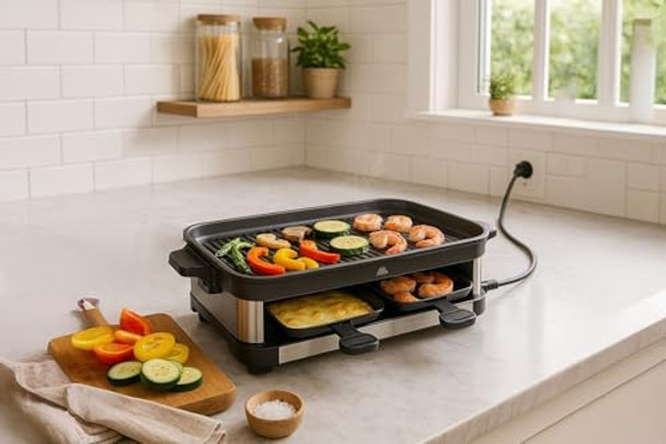 Raclette Grill – Smokeless Indoor Electric Table Top Griddle with 1600W Fast Heating Dual-Zone Cooking - Stainless Steel - Easy Clean Nonstick Surface