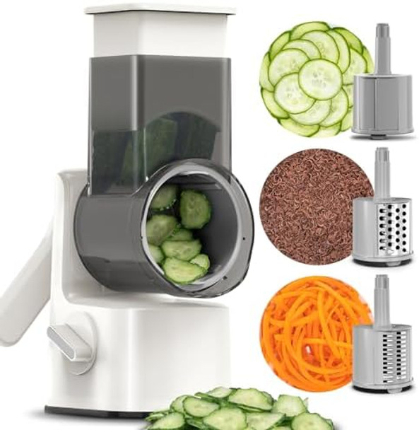 Safe Vegetable Mandoline Slicer Large Multifunctional Rotary Cheese Grater Hand Crank Easy Rotating Veggie Shredder Anti-Cutting 3 Interchangeable Blades (WhiteGrey)