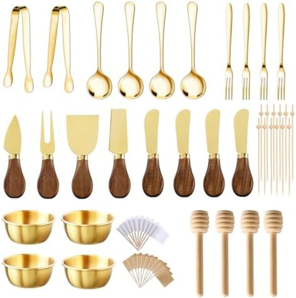 46Pcs Charcuterie Boards Accessories Small Serving Utensil Set Cheese Butter Spreader Knives Mini Stainless Steel Cutlery Tong Spoon Fork Bowl Wooden Toothpick for Kitchen Wedding Christmas (Gold) 46Pcs Charcuterie Boards Accessories Small Serving Utensil Set Cheese Butter Spreader Knives Mini Stainless Steel Cutlery Tong Spoon Fork Bowl Wooden Toothpick for Kitchen Wedding Christmas (Gold)