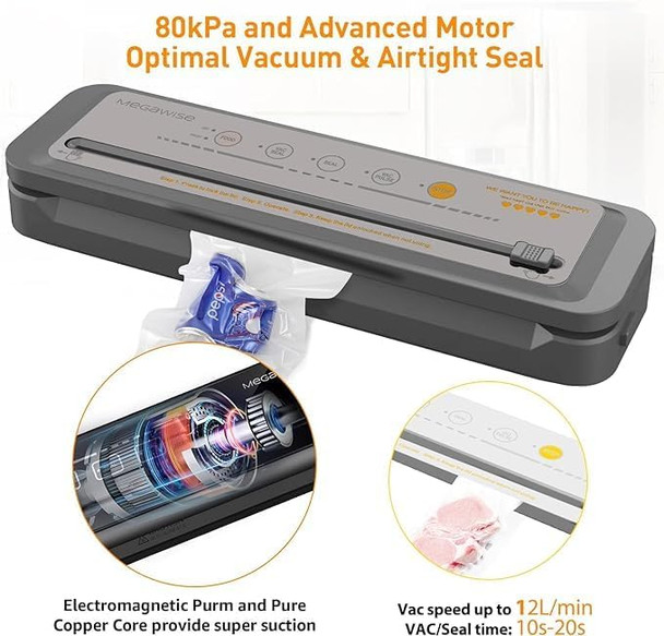MegaWise Food Vacuum Sealer Machine – High-Power 80kPa Suction One-Touch Operation Built-in Cutter – Works with All Food Types Includes Bags & Hose (Black) Keeps Food Fresh 5x Longer