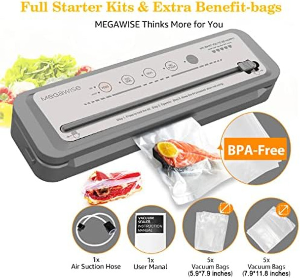 MegaWise Vacuum Sealer Machine - Powerful 80kPa Suction Built-in Cutter One-Touch Operation Includes 10 BPA- Bags Dry & Moist Modes Keeps Food Fresh 5x Longer