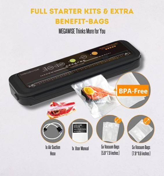 MEGAWISE Model B Vacuum Sealer Powerful & Compact One-Touch Automatic Food Sealer for Cold Wet Moist and Dry Foods Compatible with Thick Medium and Thin Bags OMNI MACHINE (Black)