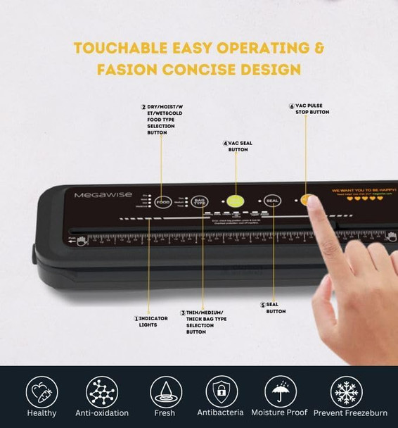 MEGAWISE Model B Vacuum Sealer Powerful & Compact One-Touch Automatic Food Sealer for Cold Wet Moist and Dry Foods Compatible with Thick Medium and Thin Bags OMNI MACHINE (Black)
