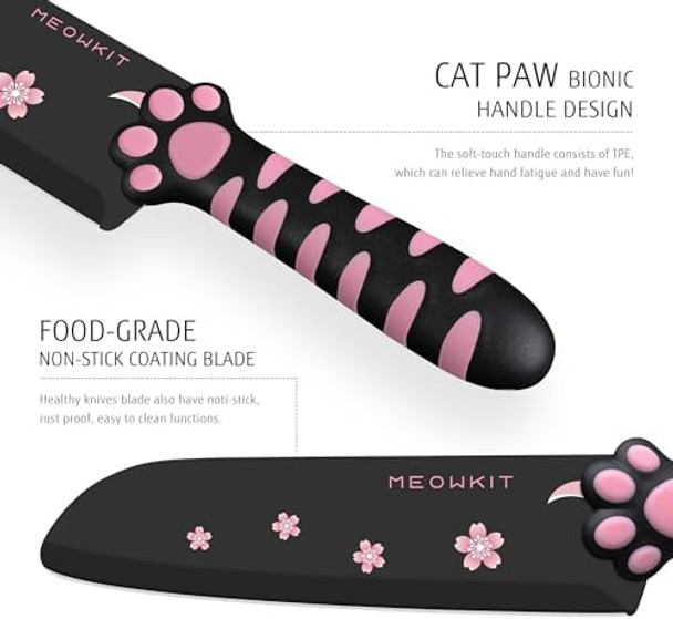 Cute Kitchen Knife Set Dishwasher Safe 5 pieces Non-Stick Knives Sharp for Chopping Slicing Dicing and Cutting Cat Paw Handle
