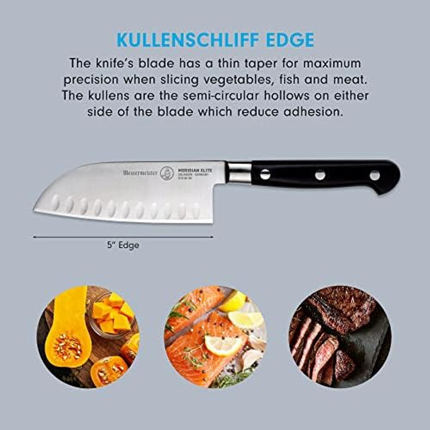 Messermeister Meridian Elite 5” Kullenschliff Santoku Knife - Japanese Chef’s Knife - German Steel Alloy Blade - Rust Resistant & Easy to Maintain