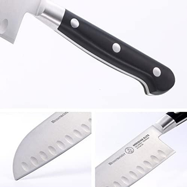 Messermeister Meridian Elite 5” Kullenschliff Santoku Knife - Japanese Chef’s Knife - German Steel Alloy Blade - Rust Resistant & Easy to Maintain