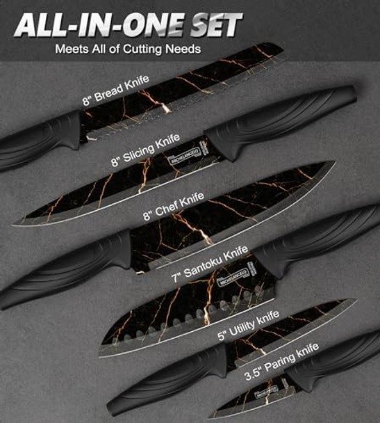 MICHELANGELO Knife Set 6 Piece with Nonstick Granite Coating Sharp Stainless Steel Kitchen Knife Set Professional Stainless Steel Knives Set for Home or Restaurant Black Knife Set 6 Piece