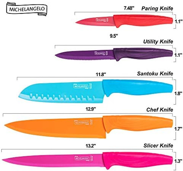Michelangelo Knife Set Sharp 10-Piece Kitchen Knife Set With Covers Multicolor Knives Stainless Steel Knives Set For Kitchen 5 Rainbow Knives & 5 Sheath Covers Michelangelo Knife Set Sharp 10-Piece Kitchen Knife Set With Covers Multicolor Knives Stainless Steel Knives Set For Kitchen 5 Rainbow Knives & 5 Sheath Covers