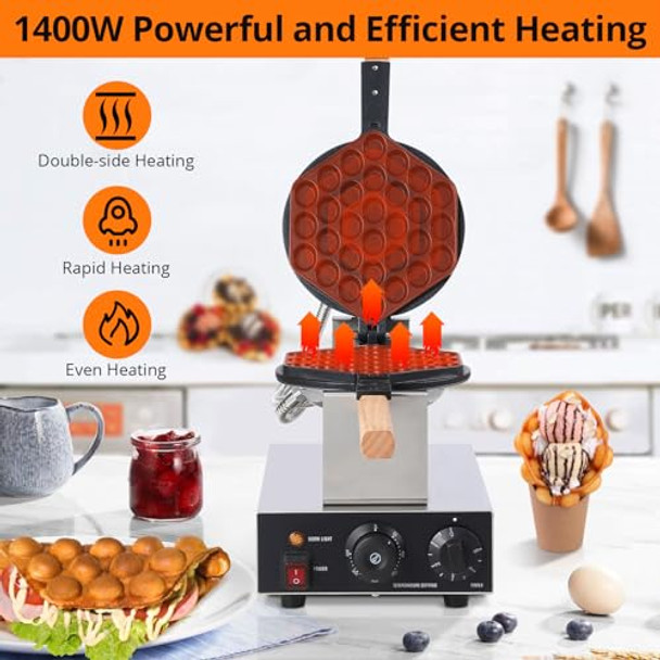 Bubble Waffle Maker 1400W Electric Bubble Waffle Maker Machine Non-Stick Egg Waffle Baker for Home and Commercial Use Single