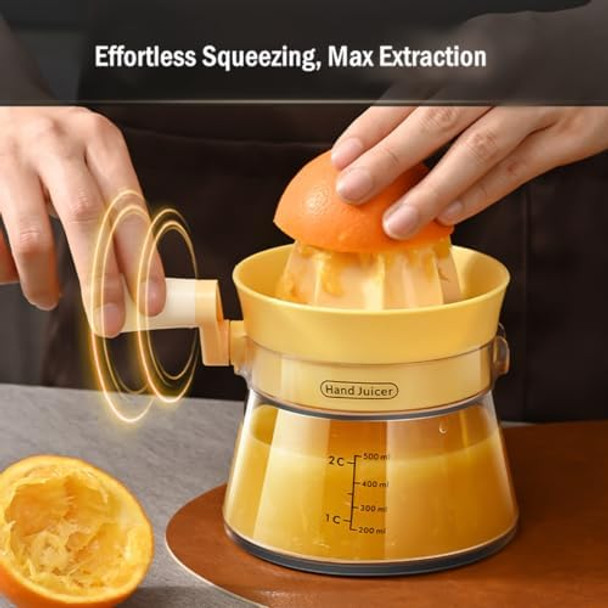 Manual Citrus Juicer with Rotating Crank - Max Juice Extraction for Lemon Orange Lime Grapefruit Ergonomic Handle Large Capacity & Easy to Clean