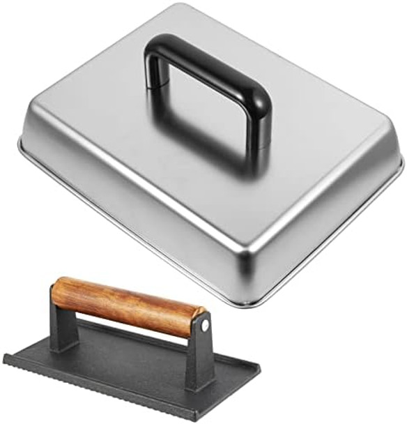13 x 9 Inch Rectangular Basting Cover and Grill Press Kit for Blackstone Accessories Universal BBQ Melting Dome Steaming Lid & Smash Burger Press for Flat Top Teppanyaki Dishwasher Safe