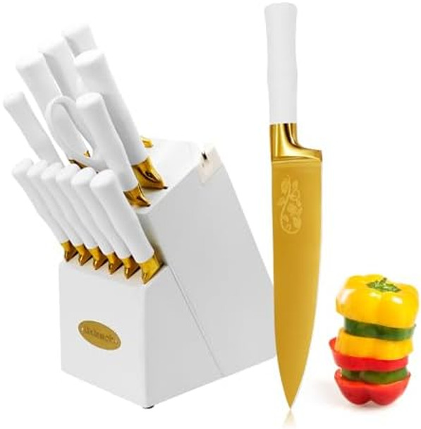 Gold Knife Set with White Handle 14PCS Premium Quality Titanium Coated Hollow Handle Kitchen Knife Sets Stainless Steel Chef Gold Kitchen Knife Sets with White Block Non-slip Ergonomic Handle