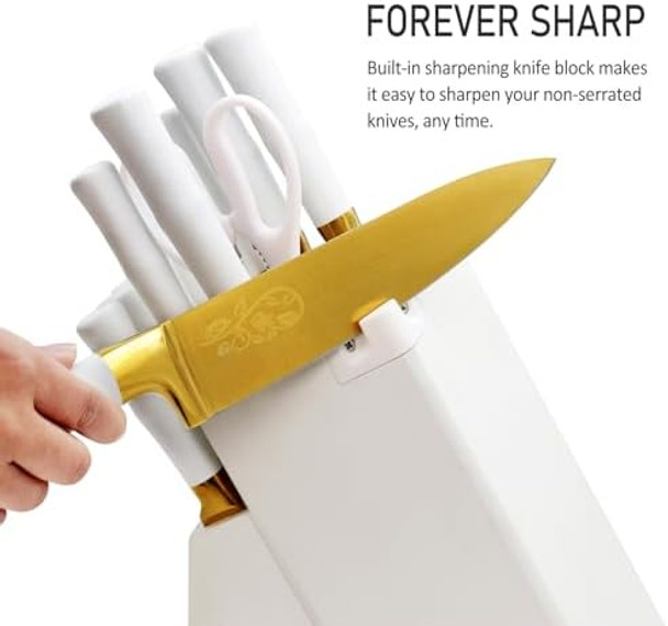 Gold Knife Set with White Handle 14PCS Premium Quality Titanium Coated Hollow Handle Kitchen Knife Sets Stainless Steel Chef Gold Kitchen Knife Sets with White Block Non-slip Ergonomic Handle