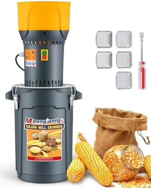 Moongiantgo Grain Mill Grinder Electric Corn Grinder 1300W Feed Mill Dry Cereals Grinder Detachable 6.6 Gal Bucket & Hopper with 5 Sieves + 1 Socket Wrench Molino de Maiz 110V (25L)