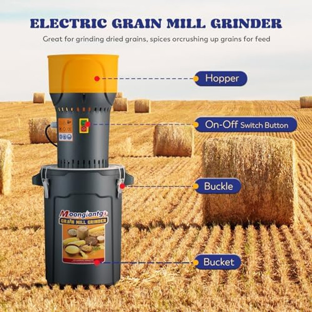 Moongiantgo Grain Mill Grinder Electric Corn Grinder 1300W Feed Mill Dry Cereals Grinder Detachable 6.6 Gal Bucket & Hopper with 5 Sieves + 1 Socket Wrench Molino de Maiz 110V (25L)