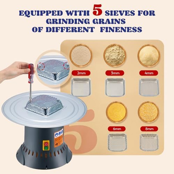 Moongiantgo Grain Mill Grinder Electric Corn Grinder 1300W Feed Mill Dry Cereals Grinder Detachable 6.6 Gal Bucket & Hopper with 5 Sieves + 1 Socket Wrench Molino de Maiz 110V (25L)