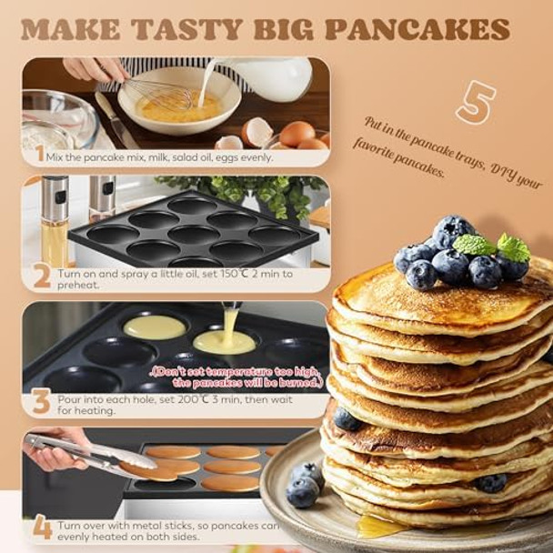 Moongiantgo Dutch Pancake Maker 9PCS Non-stick Dorayaki Maker Machine with Tong Recipe Trays. 50-300℃Temp&5min Time control Big 2.9’’ Pancake Maker for Bakery Home Restaurant 110V