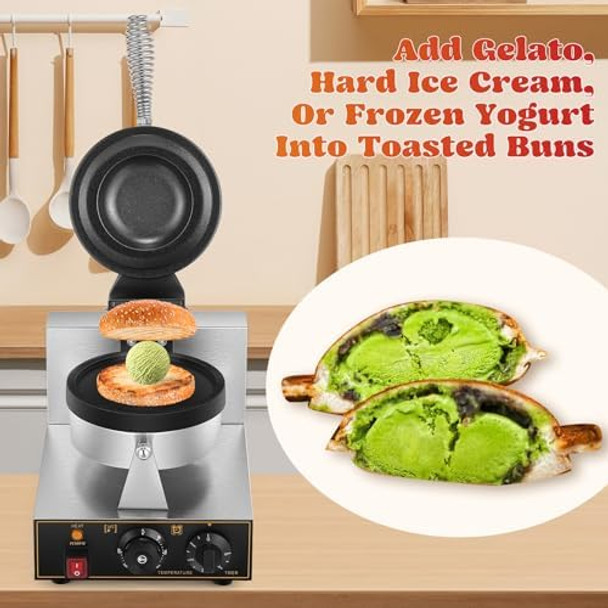 Moongiantgo Burger Waffle Maker Ice Cream Filling UFO Burger Waffle Maker 50-300℃ Temp and 0-5 Time Control Gelato Panini Press for Home Kitchen Cafe or Restaurant (110 Volts)
