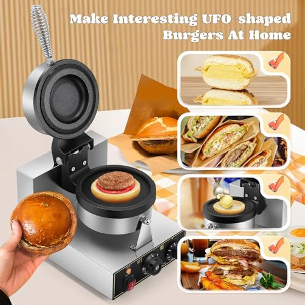 Moongiantgo UFO Burger Waffle Maker Ice Cream Filling Burger Machine With 0-5 Time & 50-300℃ Temp Control Double-Sided Heating Hamburger Maker Non-Stick Gelato Panini Press For Home Kitchen (110V)