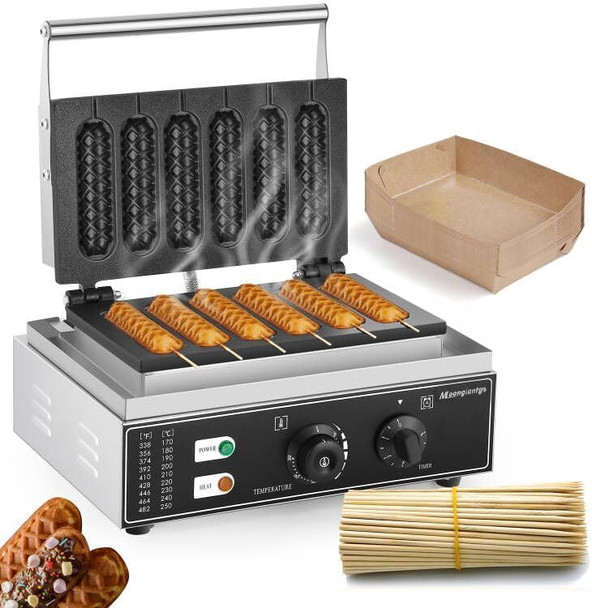 Moongiantgo Commercial Corn Dog Waffle Maker Machine 6 PCS 1550W Hot Dog Cheese Stick Press Iron 50-300℃ Temp Control 5-min Timer French Muffin Cooker 110V