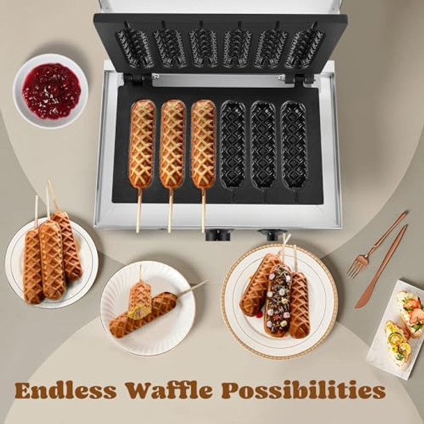 Moongiantgo Commercial Corn Dog Waffle Maker Machine 6 PCS 1550W Hot Dog Cheese Stick Press Iron 50-300℃ Temp Control 5-min Timer French Muffin Cooker 110V