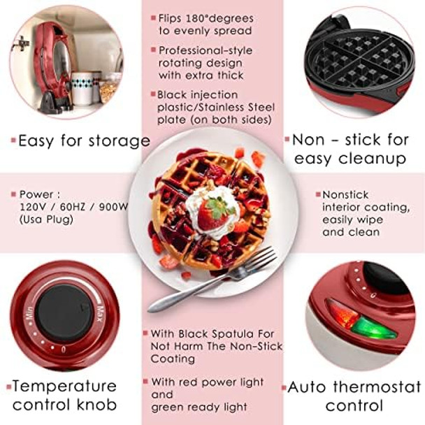 Moss & Stone Red Belgian Waffle Maker Electric Waffle Machine Flips & Non-Stick Grids Temperature Control Round Waffle