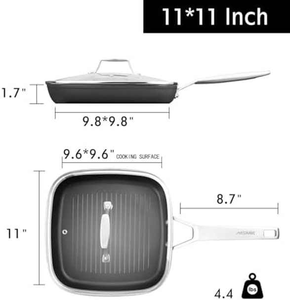 MsMk 11 Inch Induction Grill Pan Bacon Carbonize also Nonstick PFOA Non-Toxic Stay-Cool Handle Scratch-resistant Induction Griddle Pan for Stove Top