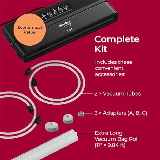 MuellerLiving Vacuum Sealer Machine Compact Vacuum Sealer Kit with Bags/Roll LED Light Indicators Preserve Marinate Sous Vide Black