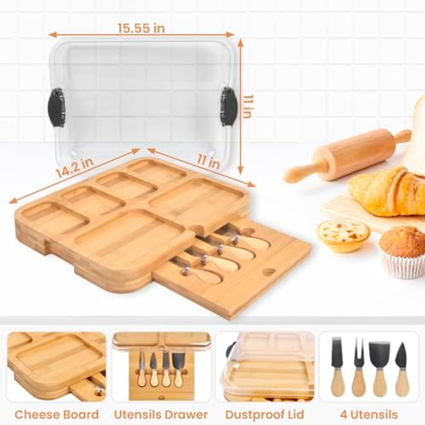 Charcuterie Board with Lid for Kitchen Cutting - Wooden Charcuterie Boards Set and 4pcs Knife Kit Large Cheese Boards with Handle Cheese Serving Containers House Warming Wedding s for Couple