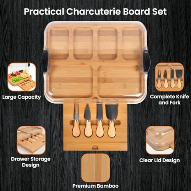 Charcuterie Board with Lid for Kitchen Cutting - Wooden Charcuterie Boards Set and 4pcs Knife Kit Large Cheese Boards with Handle Cheese Serving Containers House Warming Wedding s for Couple