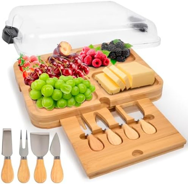Charcuterie Board with Lid for Kitchen Cutting - Wooden Charcuterie Boards Set and 4pcs Knife Kit Large Cheese Boards with Handle Cheese Serving Containers House Warming Wedding s for Couple Charcuterie Board with Lid for Kitchen Cutting - Wooden Charcuterie Boards Set and 4pcs Knife Kit Large Cheese Boards with Handle Cheese Serving Containers House Warming Wedding s for Couple