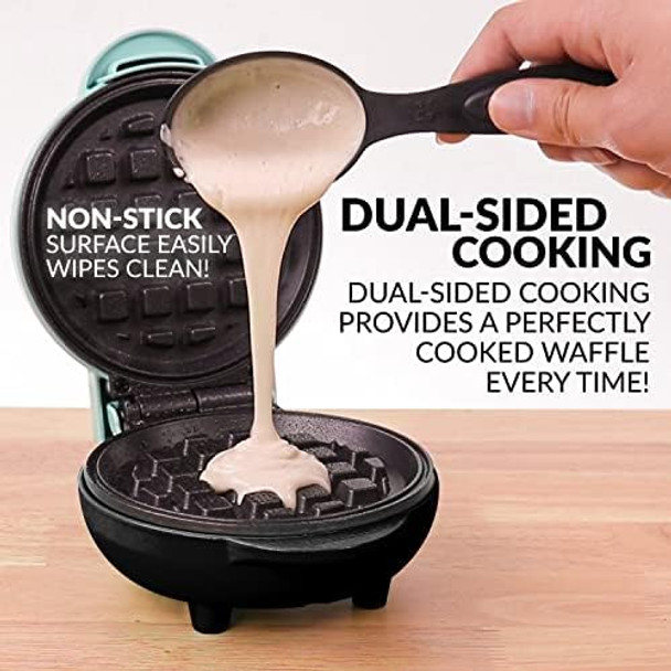 Nostalgia MyMini Personal Electric Waffle Maker 5-Inch Cooking Surface Hash browns French Toast Grilled Cheese Quesadilla Brownies Cookies Aqua