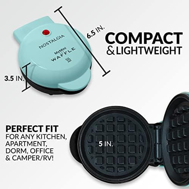 Nostalgia MyMini Personal Electric Waffle Maker 5-Inch Cooking Surface Hash browns French Toast Grilled Cheese Quesadilla Brownies Cookies Aqua