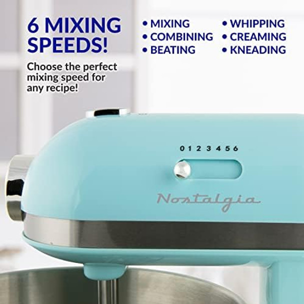 Nostalgia Classic Retro Professional 3.5 Qt Stand Mixer with Tilt Head and Stainless Steel Bowl Six-Speed Includes Dough Hooks and Beaters Aqua