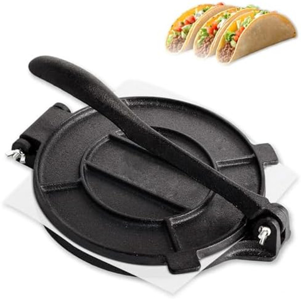 Cast Iron Tortilla Press Heavy Duty Tortilla Pataconera 10-inch Flour Tortilla Press with Foldable Handle Taco press with Some Parchment Paper Roti Maker Black