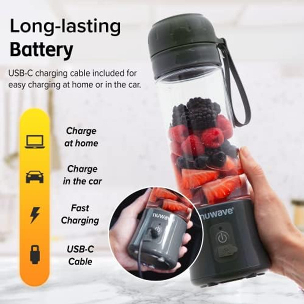 Nuwave Portable Blender with USB-C Rechargeable 6-Blade for Crushing Ice BPA 18 Oz Jar Smoothies Blender for Travel Office and Sports Obsidian Gray