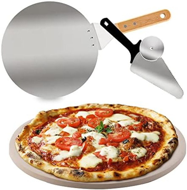 Nuwave Brick Oven-Style 3pc Pizza Kit 11.5” Cordierite Pizza Stone 10" SS Pizza Peel SS Pizza Cutter/Server For Indoor Electric Ovens Outdoor Gas Wood Fire Grills BBQ Grilling NuWave Bravo XL
