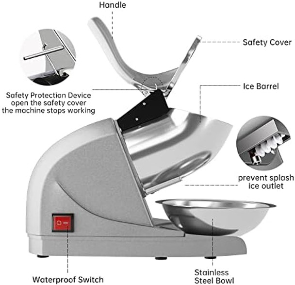 OKF Ice Shaver Prevent Splash Snow Cone Machine Electric 3 Blades Shaved Ice Machine 380W Ice Shaver Machine 286lbs/hr Snow Cone Maker Ice Crushers for Home Use and Commercial Ice Crusher (Silver)