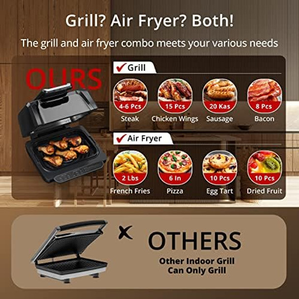 OMTech Electric Indoor Grill 7-in-1 Air Fryer Combo Non-Stick Removable Plates 4Qt 450F Max Temp 1750W Black Modern Style PFOA & PFAS