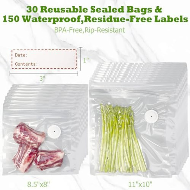 Food Storage Vacuum Sealer Machine 30 Reusable Vacuum Seal Bags & 150 Labels 60kPa Auto Pressure Release Compact Lightweight BPA- Leakproof Storage for Home Kitchen Preservation Food Storage Vacuum Sealer Machine 30 Reusable Vacuum Seal Bags & 150 Labels 60kPa Auto Pressure Release Compact Lightweight BPA- Leakproof Storage for Home Kitchen Preservation