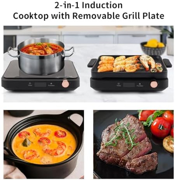 Portable Induction Cooktop 1200W Single Burner Induction Cooktop Indoor Electric Grill & Griddle with 2-in-1 Nonstick Griddle Plates 12 Temperature & Power Levels 3-Hour Timer Black