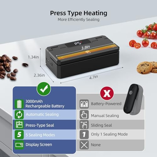 Mini Bag Sealer and Cutter Handheld Bag Sealer Heat Seal with 5 Seal Time Modes & 3.8" Heating Strip - Rechargeable Chip Bag Sealer - Bag Resealer for Chip Bags Snack Bags Plastic Bags - Black