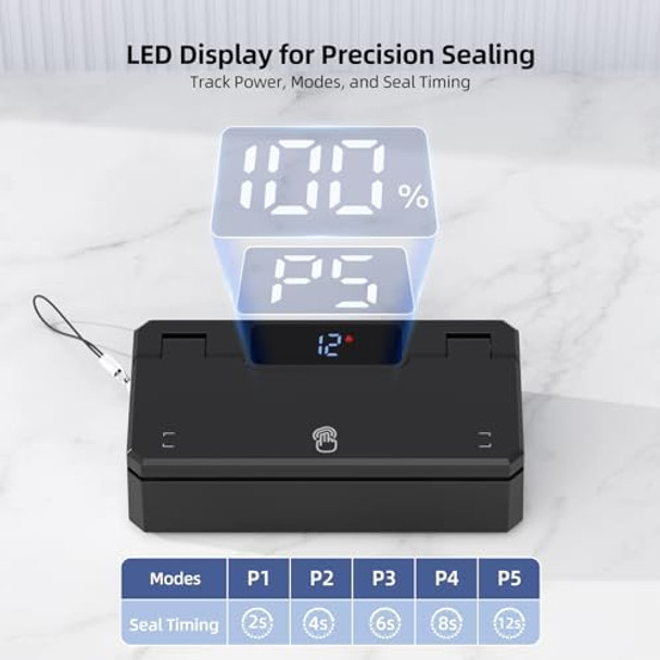 Mini Bag Sealer and Cutter Handheld Bag Sealer Heat Seal with 5 Seal Time Modes & 3.8" Heating Strip - Rechargeable Chip Bag Sealer - Bag Resealer for Chip Bags Snack Bags Plastic Bags - Black