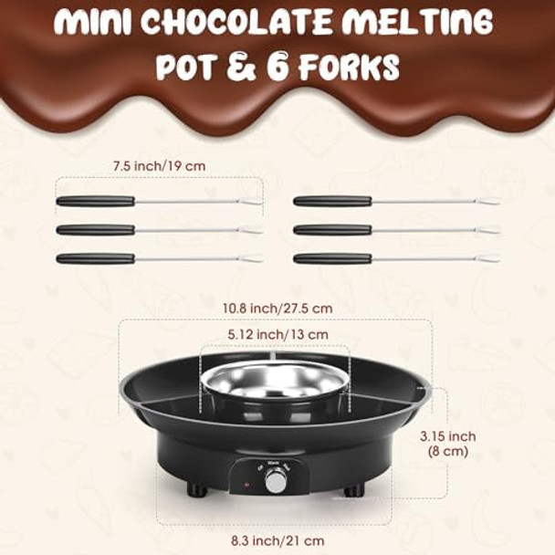 MINI Melting Fondue Set 10oz Electric Chocolate Melting Pot with 6PCS Forks Cute Chocolate Fondue Fountain Warmer Machine for Milk Chocolate Cheese Butter Candy (Black)