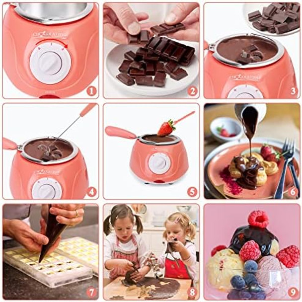 8.45oz Melting Fondue Set MINI Electric Chocolate Melting Pot Chocolate Fondue Fountain Warmer Machine for Milk Chocolate Cheese Butter Candy (Pink)