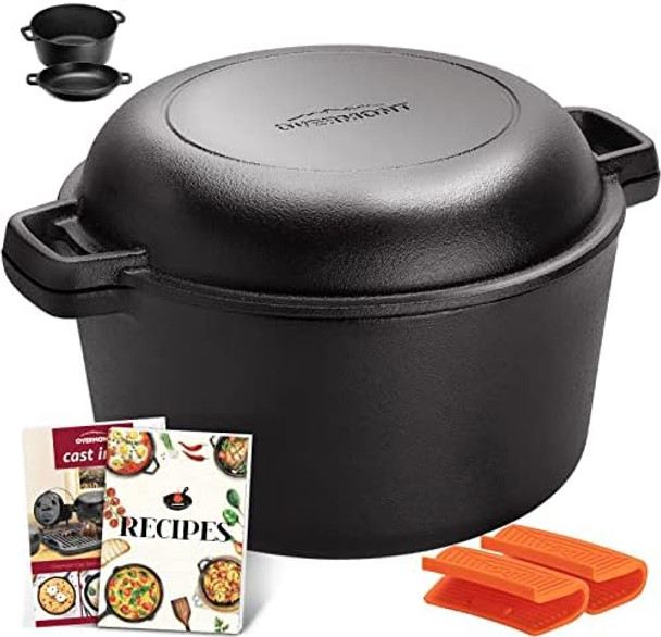 Overmont 2 in 1 Pre Seasoned Dutch Oven with Skillet Lid for Induction Electric Grill Stovetop BBQ Camping (5 Quart)