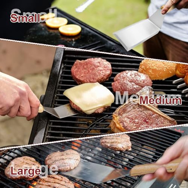 Stainless Steel Metal Spatula Set 4 Pcs Teppaniyaki Griddle Accessories - Grill Burger Turner Long Pancake Flipper Griddle Scraper for Flat Top Cast Iron BBQ Wooden Handle Easy to Clean
