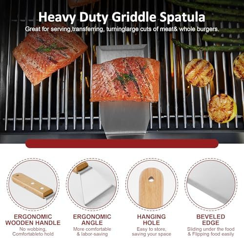Stainless Steel Metal Spatula Set 4 Pcs Teppaniyaki Griddle Accessories - Grill Burger Turner Long Pancake Flipper Griddle Scraper for Flat Top Cast Iron BBQ Wooden Handle Easy to Clean